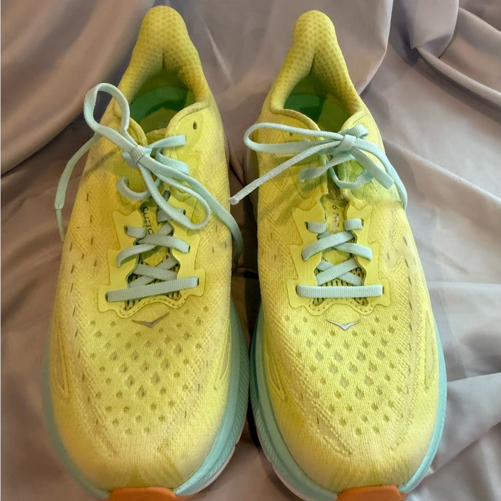 Home Clifton 9.  Yellow Athletic Running Shoes with Mint Accents